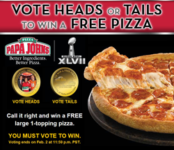 papa johns free pizza super bowl coin toss